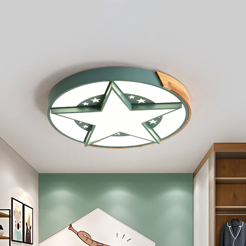 Round Metal LED Macaron Flush Mount Ceiling Light in White/Pink/Blue and Wood for Star-Themed Bedrooms