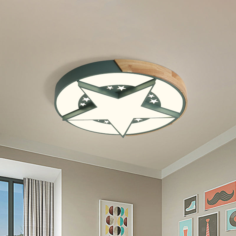 Round Metal LED Macaron Flush Mount Ceiling Light in White/Pink/Blue and Wood for Star-Themed Bedrooms