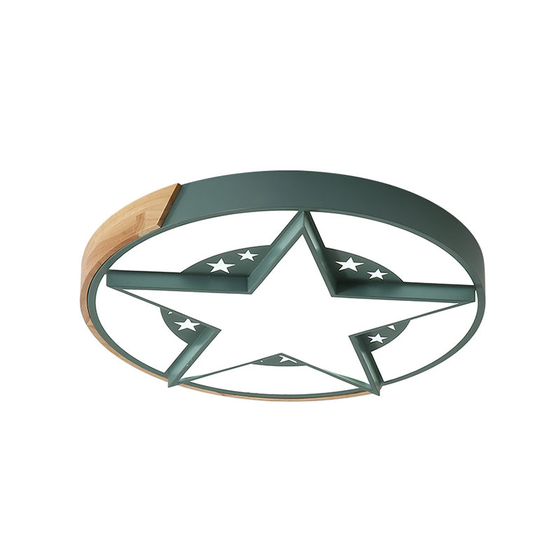 Round Metal LED Macaron Flush Mount Ceiling Light in White/Pink/Blue and Wood for Star-Themed Bedrooms