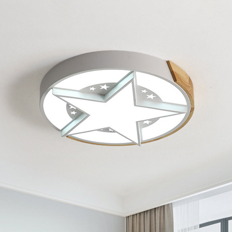 Round Metal LED Macaron Flush Mount Ceiling Light in White/Pink/Blue and Wood for Star-Themed Bedrooms
