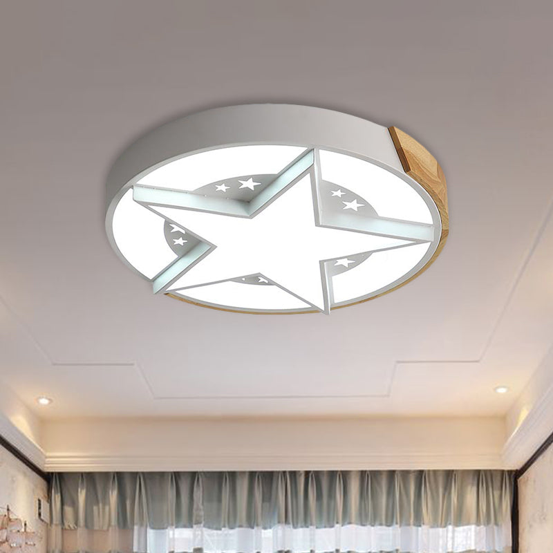 Round Metal LED Macaron Flush Mount Ceiling Light in White/Pink/Blue and Wood for Star-Themed Bedrooms