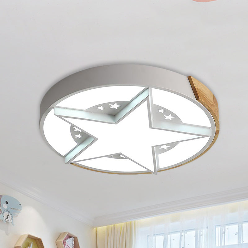 Round Metal LED Macaron Flush Mount Ceiling Light in White/Pink/Blue and Wood for Star-Themed Bedrooms