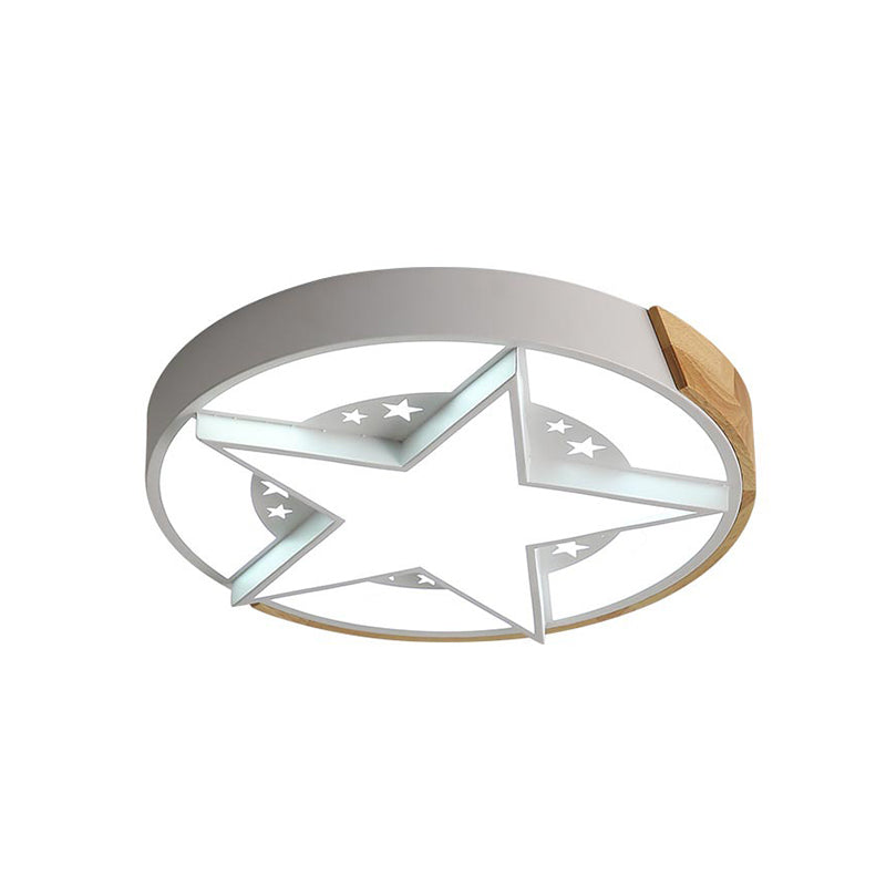 Round Metal LED Macaron Flush Mount Ceiling Light in White/Pink/Blue and Wood for Star-Themed Bedrooms