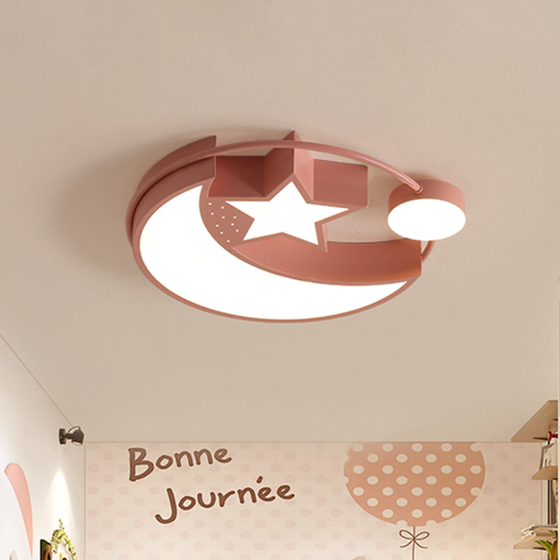 Nordic LED Moon and Star Ceiling Light in Pink Finish - Perfect for Girls' Bedrooms