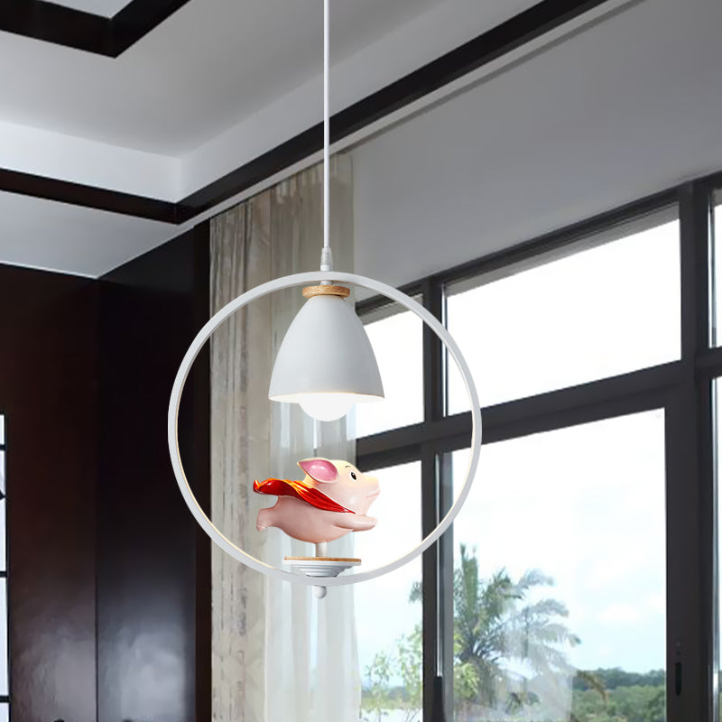 Nordic Hanging Light Kit - 1 Head Iron Bell And Ring Pendant Lamp White Finish With Whimsical