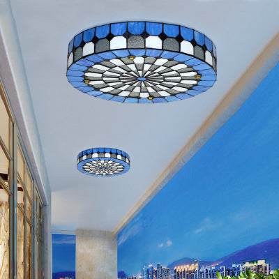 Blue Rustic Stained Glass Flushmount Ceiling Light - Round Design for Bedroom