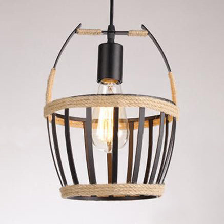 Metal Bucket Cage Pendant Ceiling Light With Rope Detail - Country Style In Black For Restaurants
