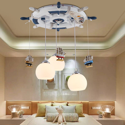 Cartoon Pendant Light Fixture - Anchor Glass Hanging Lights With 3 Bulbs For Bedroom Décor In White