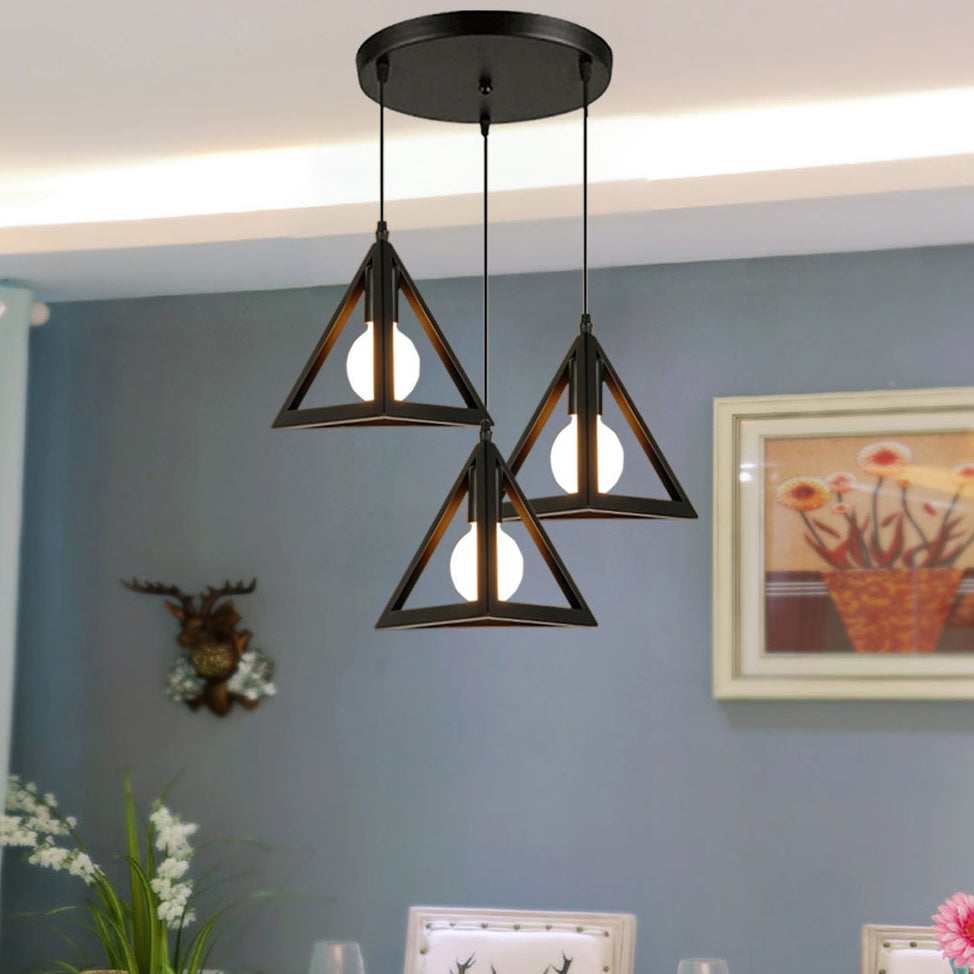 Retro Industrial Hanging Lamp with 3 Triangle Metallic Heads and Wire Guard in Black/White