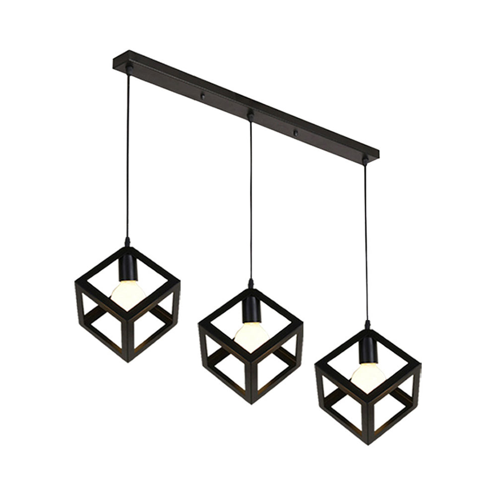 Suspension industrielle en métal avec abat-jour en cage métallique - 3 ampoules, noir/blanc, plafonnier de salon