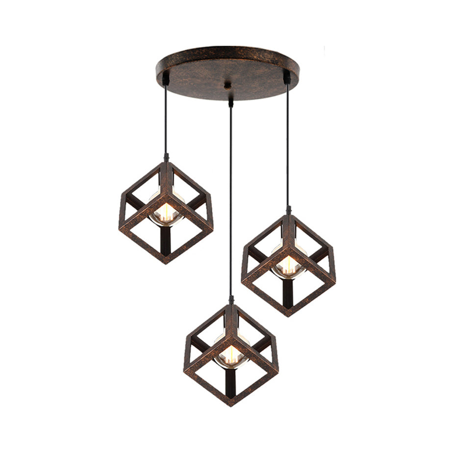 Suspension industrielle en métal avec abat-jour en cage métallique - 3 ampoules, noir/blanc, plafonnier de salon
