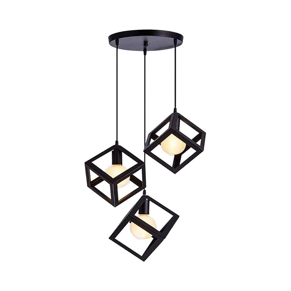 Suspension industrielle en métal avec abat-jour en cage métallique - 3 ampoules, noir/blanc, plafonnier de salon