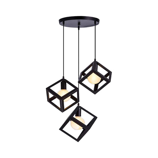 Metal Industrial Pendant Light with Wire Cage Shade - 3 Bulbs, Black/White, Living Room Ceiling Lamp