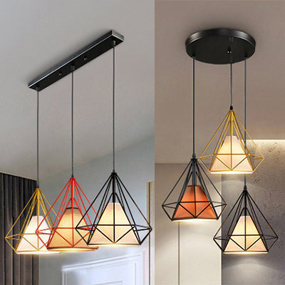 Suspension industrielle en métal avec design cage en diamant - 3 ampoules, jaune/noir, pour salle à manger