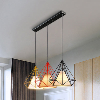 Suspension industrielle en métal avec design cage en diamant - 3 ampoules, jaune/noir, pour salle à manger