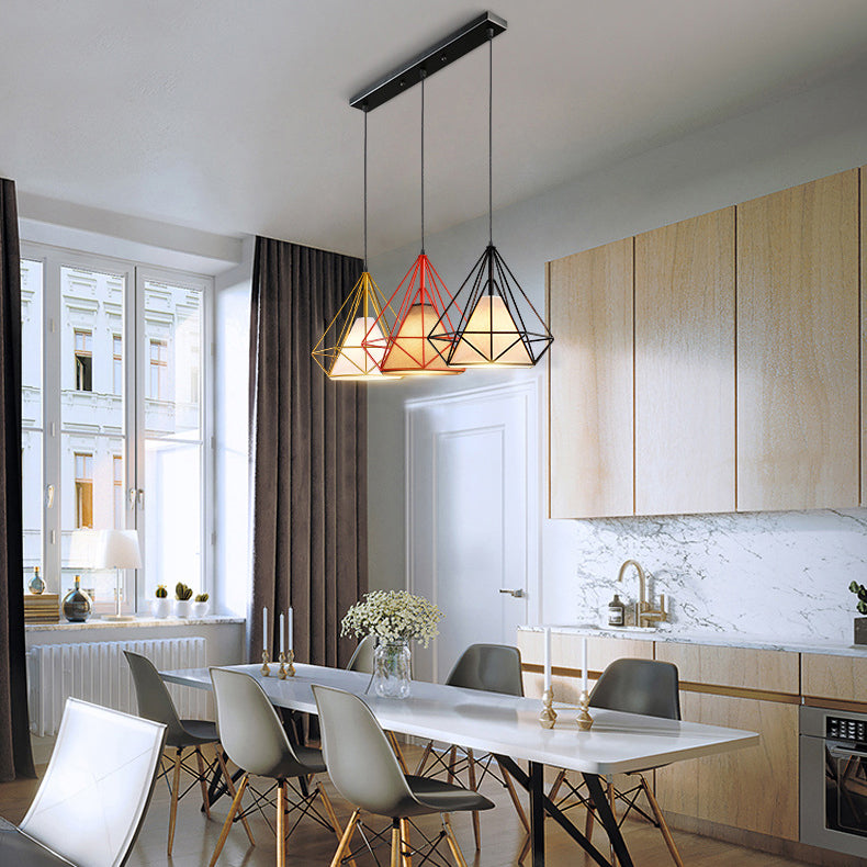 Suspension industrielle en métal avec design cage en diamant - 3 ampoules, jaune/noir, pour salle à manger