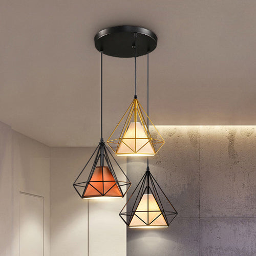 Suspension industrielle en métal avec design cage en diamant - 3 ampoules, jaune/noir, pour salle à manger