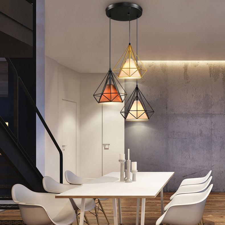 Suspension industrielle en métal avec design cage en diamant - 3 ampoules, jaune/noir, pour salle à manger