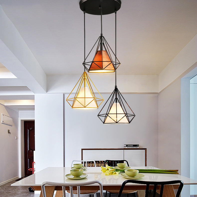 Suspension industrielle en métal avec design cage en diamant - 3 ampoules, jaune/noir, pour salle à manger
