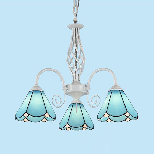 Lustre traditionnel en forme de cône en verre bleu avec 3 lumières pour salle à manger