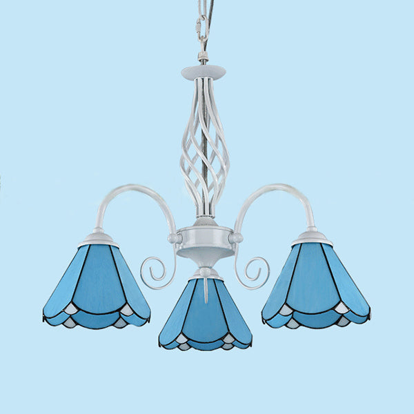 Lustre traditionnel en forme de cône en verre bleu avec 3 lumières pour salle à manger