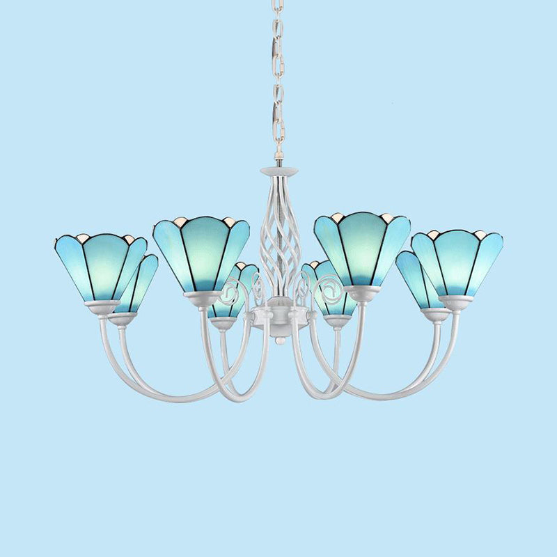 Lustre conique avec plusieurs lumières et pendentif traditionnel en verre bleu pour le salon