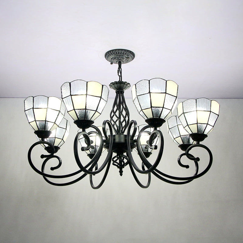 Modern 8-Light Bowl Chandelier with Black Tiffany Curved Arm - White Pendant Light for Hall