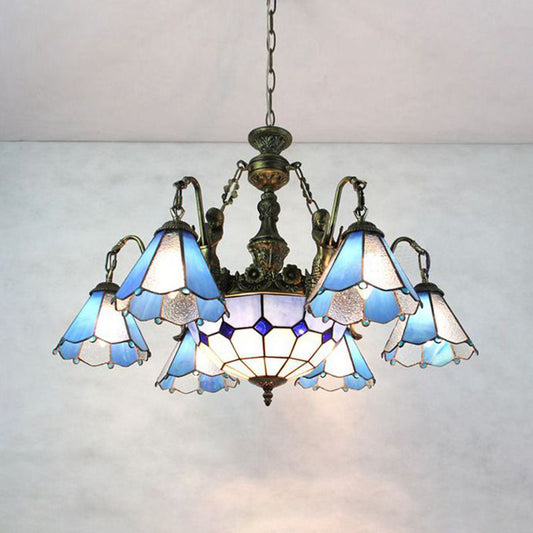 Blue Tiffany Stained Glass Pendant Chandelier - 9-Light Conical Hanging Light for Dining Room