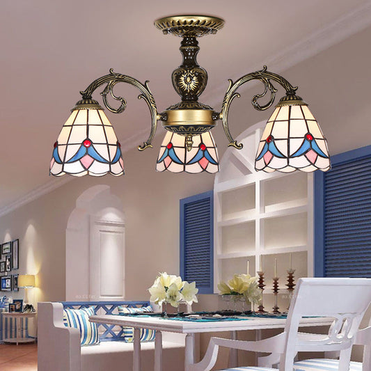 Vintage Tiffany Stained Glass Chandelier for Bedroom - Magnolia Ceiling Light with 3 Lights - Indoor Lighting