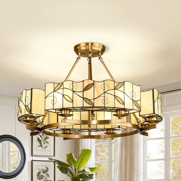 Rustic Vintage 8-Light White Glass Leaf Chandelier for Living Room