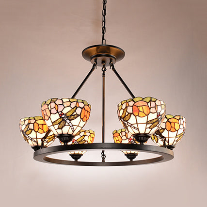 Lustre en vitrail Libellule - Suspension à 6 lumières pour hall d'entrée
