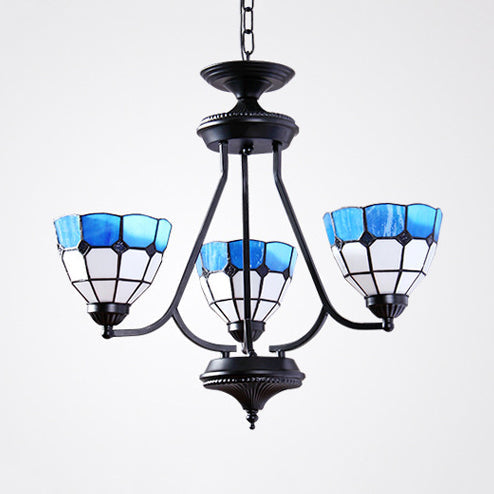 Lustre baroque réglable en verre bleu avec chaîne en métal et 3 lumières suspendues