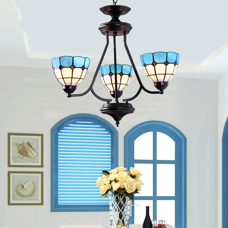 Lustre baroque réglable en verre bleu avec chaîne en métal et 3 lumières suspendues