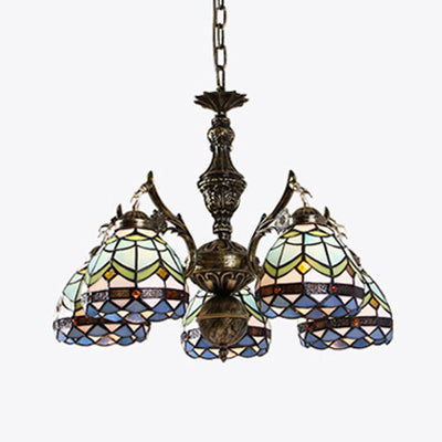 Lustre en verre teinté à dôme baroque bleu - Lampe à suspension à 5 lumières pour salon