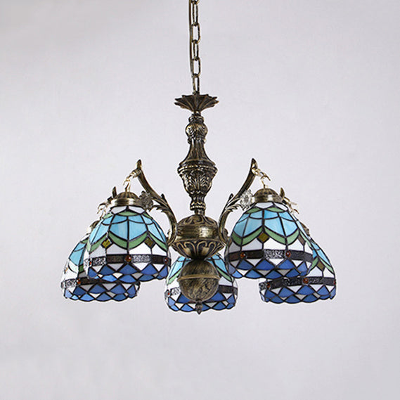 Lustre en verre teinté à dôme baroque bleu - Lampe à suspension à 5 lumières pour salon