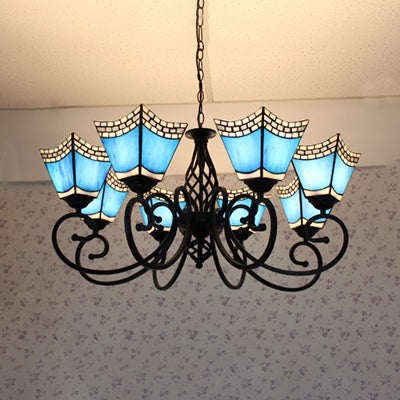 Suspension trapézoïdale nautique à 8 lumières avec abat-jour en verre bleu pour salon