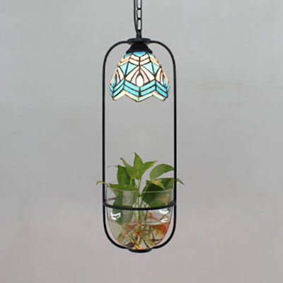 Lampe Tiffany à suspension en forme de dôme bleu élégant : pendentif en verre teinté fabriqué à la main avec accent de plante verte