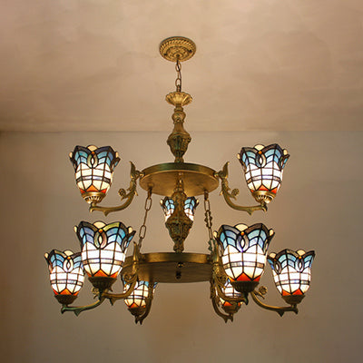 Lustre cloche baroque en verre teinté bleu avec chaîne réglable - Éclairage suspendu à 2 niveaux