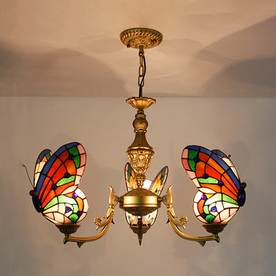Stained Glass Butterfly Ceiling Chandelier - Loft Style Hanging Light With Adjustable Chain
