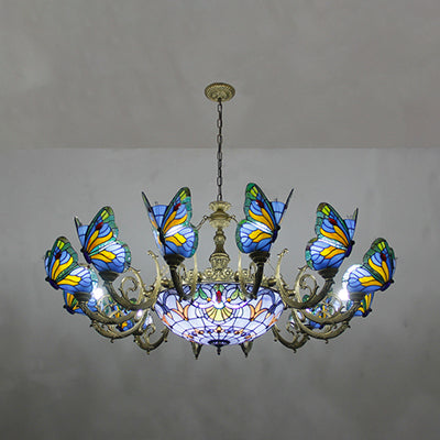 Lustre Tiffany en vitrail - Suspension d'intérieur papillon dans les tons bleus pour couloir