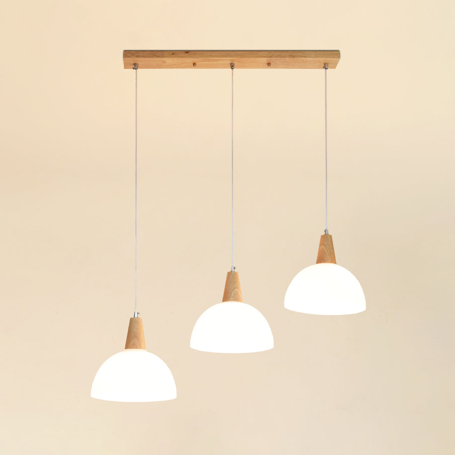 Contemporary Milk Glass Dome Pendant Lamp with Wooden Cap and 3 Lights