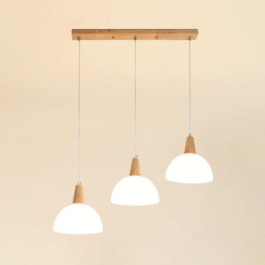 Contemporary Milk Glass Dome Pendant Lamp with Wooden Cap and 3 Lights
