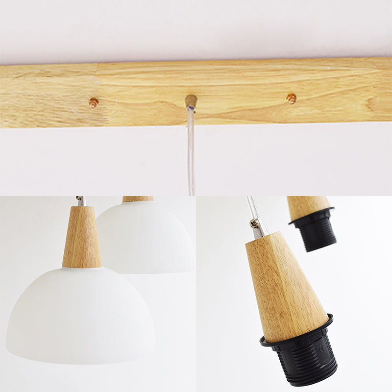Contemporary Milk Glass Dome Pendant Lamp with Wooden Cap and 3 Lights