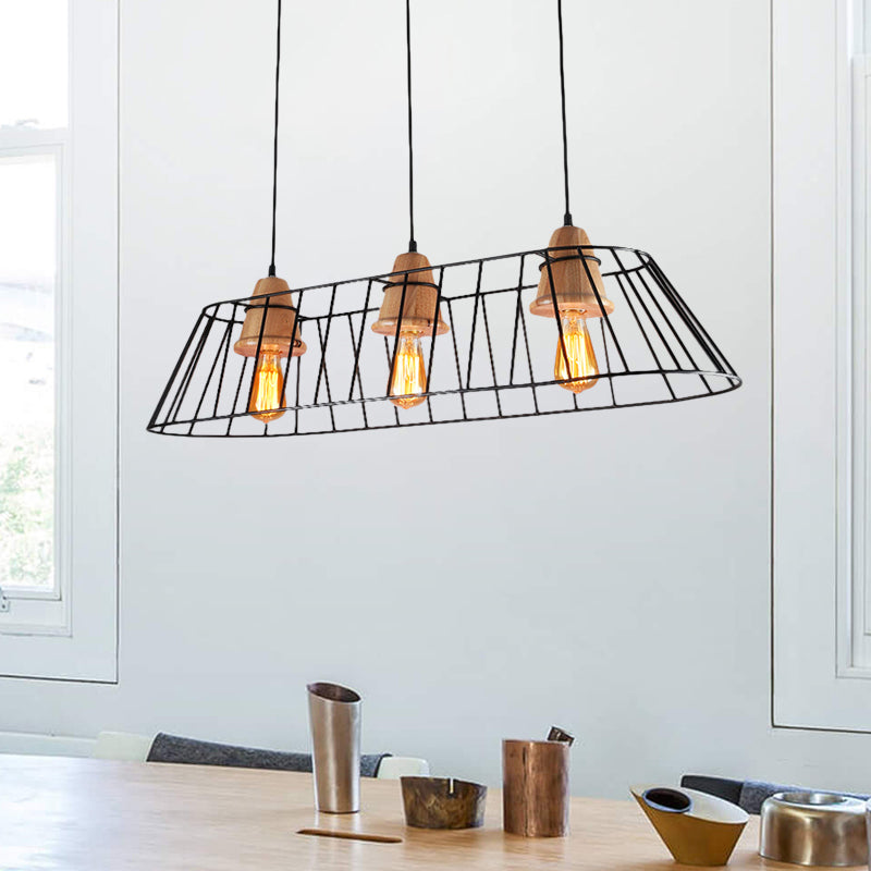 Industrial Black Metal Island Lighting - 3-Light Linear Caged Pendant For Dining Room With Wooden