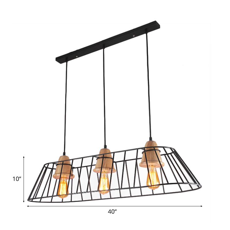 Industrial Black Linear Caged Island Pendant Light with Wooden Cap - 3 Lights