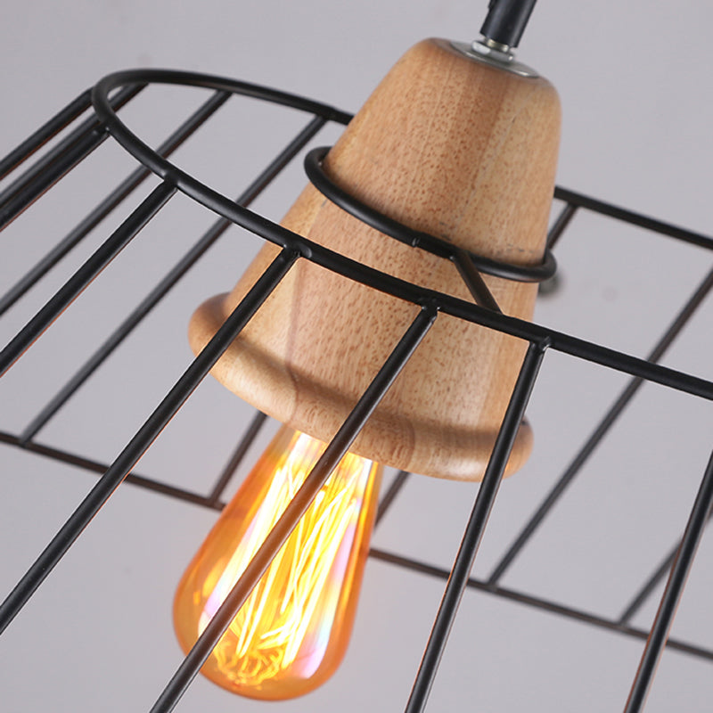 Industrial Black Linear Caged Island Pendant Light with Wooden Cap - 3 Lights
