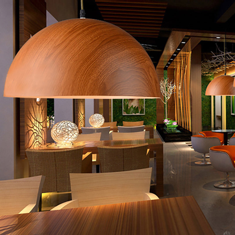 Contemporary Aluminum Domed Pendant Light With Wood Design - Brown Tones Dark