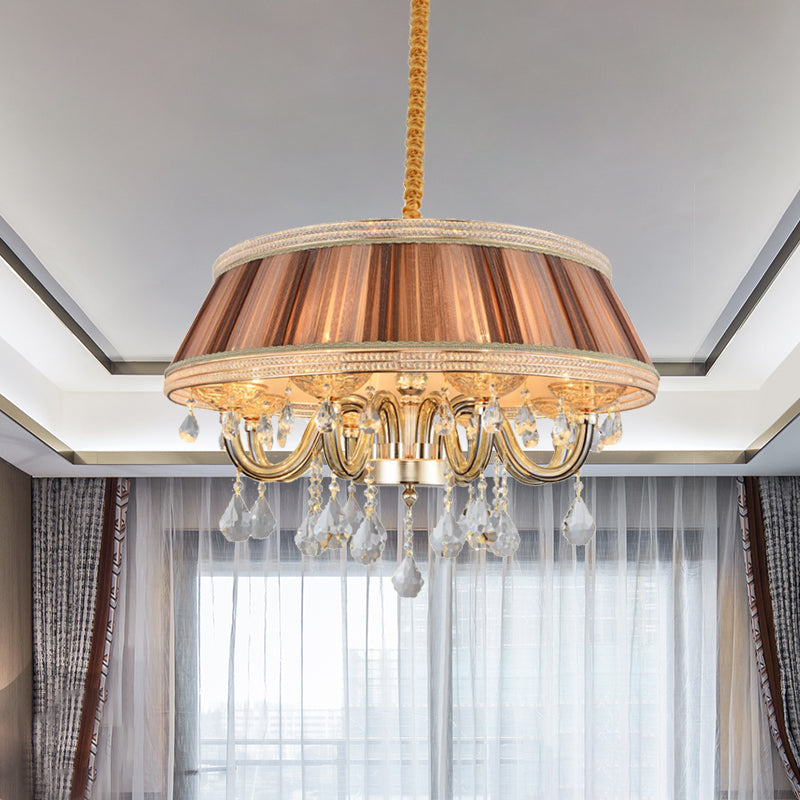 Lustre de plafond moderne à tambour kaki avec gouttelettes de cristal - Éclairage suspendu en tissu plissé à 8 têtes