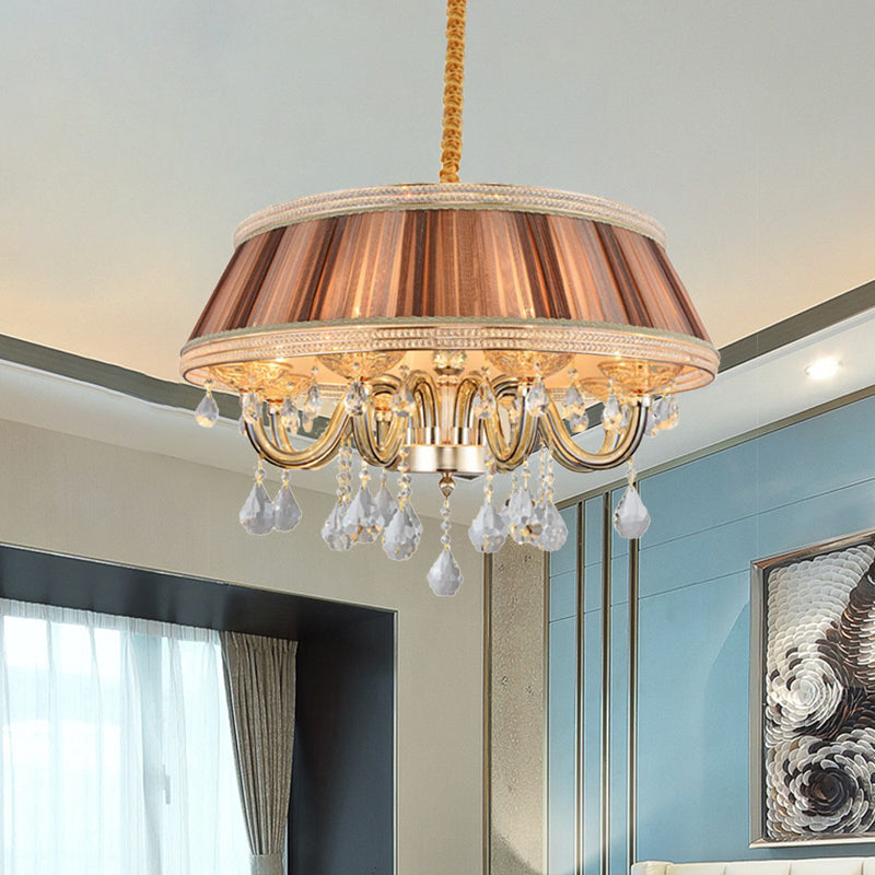 Lustre de plafond moderne à tambour kaki avec gouttelettes de cristal - Éclairage suspendu en tissu plissé à 8 têtes