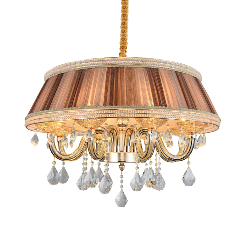 Lustre de plafond moderne à tambour kaki avec gouttelettes de cristal - Éclairage suspendu en tissu plissé à 8 têtes